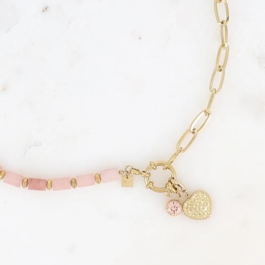 Collier pierres naturelles et 2 charms rose