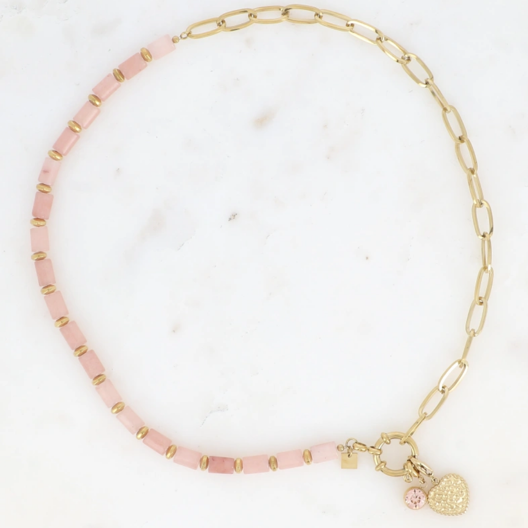 Collier pierres naturelles et 2 charms rose